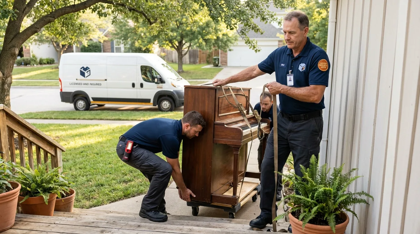 Licensed piano movers securing grand piano in Douglasville, GA