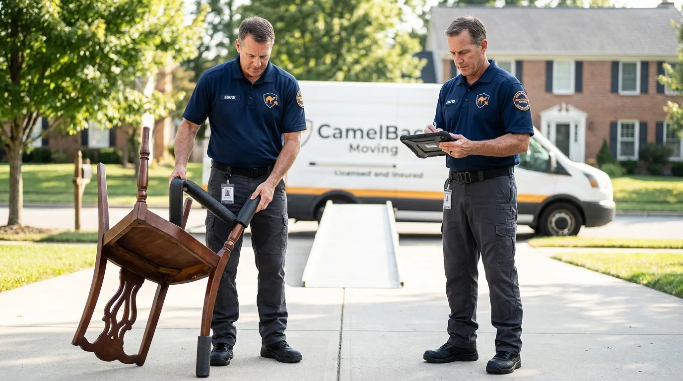 Movers inspecting furniture for damage prevention before loading in Douglasville, GA