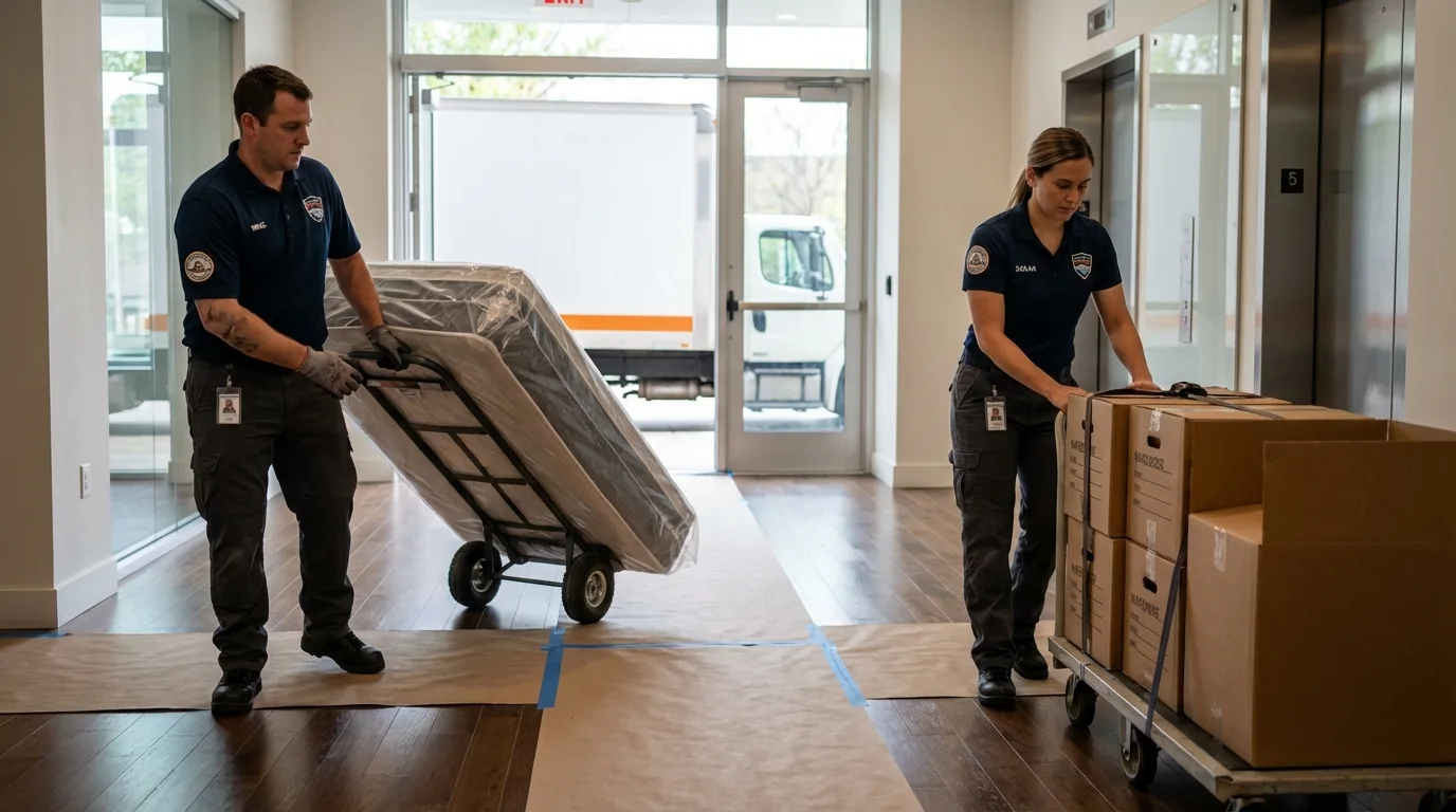 Professional apartment movers loading elevator in Douglasville, GA